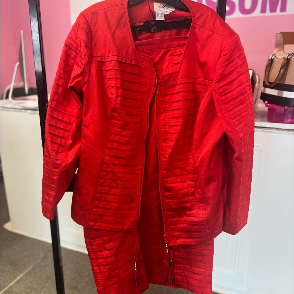 Vibrant Lisa Rene red two-piece skirt suit